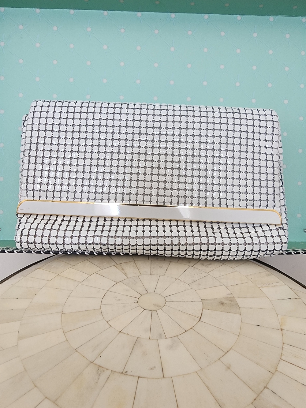 White Metallic Mesh Evening Clutch with Gold Accent Bar